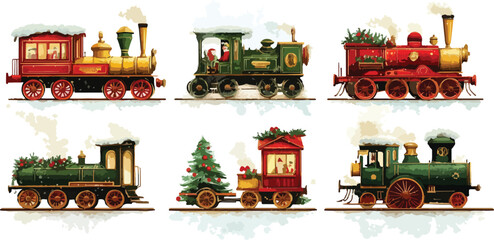 Festive Watercolor Christmas Trains Collection Vintage Style Locomotives Decorated with Holiday Elements Perfect for Christmas Cards Invitations and Seasonal Designs Isolated on White Background