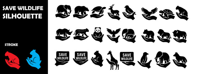 Save Wildlife Silhouette Vector Set – Conservation, Endangered Species and Forest Animal Protection Icons