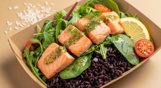  Salmon Salad with Black Rice in a Cardboard Food Tray