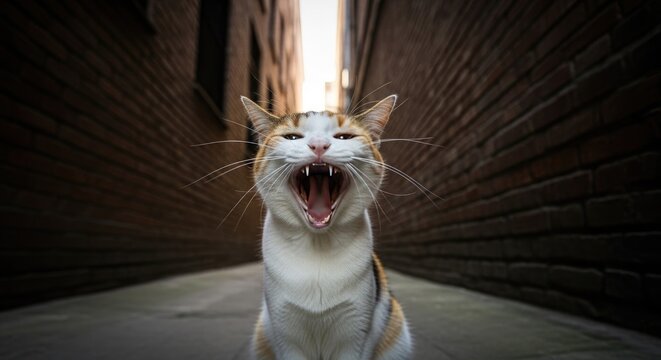 Yawning Calico Cat Showing Teeth in Outdoor Alleyway Scene