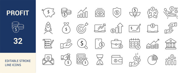 Profit Line Editable Icons Set. Money, Growth, Investment, Income, Savings, Business, Finance, and More. Vector Illustration.