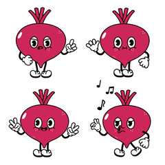 Cartoon Beets with animated facial expressions and various hand gestures, ready to dance
