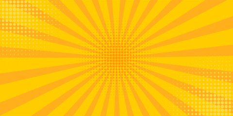 Fototapeta premium Pop art yellow comics book cartoon magazine cover. Cartoon funny retro pattern strip mock up. Vector halftone illustration. Vintage backdrop for comic superhero text, speech bubble, message.