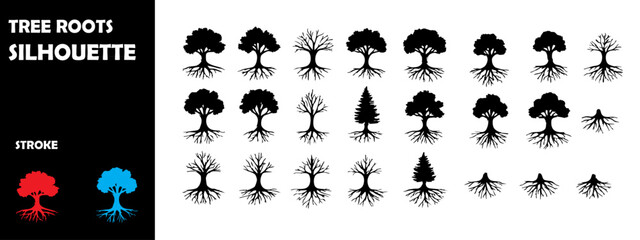 Tree Roots Silhouette Vector Set – Underground Growth and Nature Network Concept Illustration