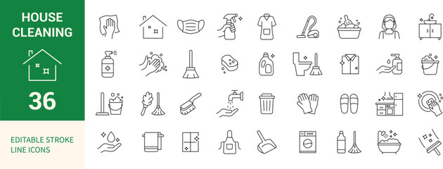 House Cleaning Line Editable Icons Set. Includes Cleaning Tools, Hygiene, Sanitation, Laundry, and More. Vector Illustration.
