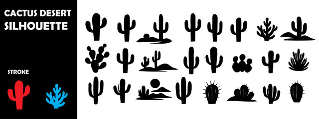 Cactus Desert Silhouette Vector Set – Arid Landscape, Sand Dunes and Western Nature Elements