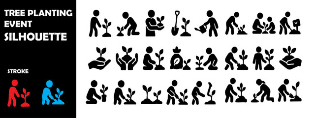 Tree Planting Event Silhouette Vector Set – Environment Awareness, Eco Action and Green Initiative Icons