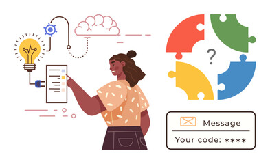 Woman interacts with task list, surrounded by lightbulb, puzzle pieces, and cloud. Ideal for innovation, brainstorming, teamwork, problem-solving, strategy planning design thinking simple flat