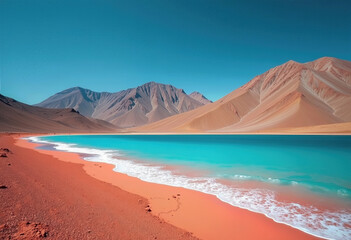 A breathtaking, surreal landscape of a vibrant turquoise lake meeting a fiery red sand beach, with majestic desert mountains under a clear teal sky, an otherworldly oasis.
