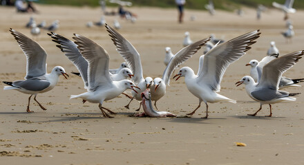 Aggressive Gulls on Sand PNG