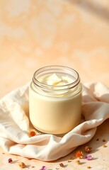 Glass jar of natural body butter on textured muslin fabric, with dried flowers and beige marble surface. Warm morning light highlights the soft, organic, and minimal skincare setup.