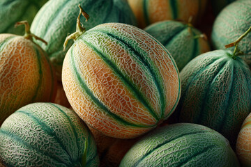 Delicious ripe melons arranged in a vibrant pile from an overhead view