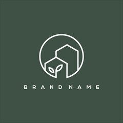 line art house in circle leaves logo vector