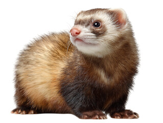 Fototapeta premium A curious ferret, with its sleek, brown and beige fur, looks off to the side, a portrait of alert anticipation.
