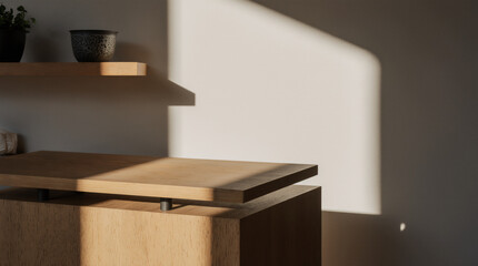 Blurred white tiles wall modern kitchen with chopping board, modern lamp