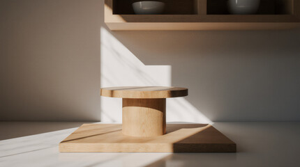 Blurred white tiles wall modern kitchen with chopping board, modern lamp