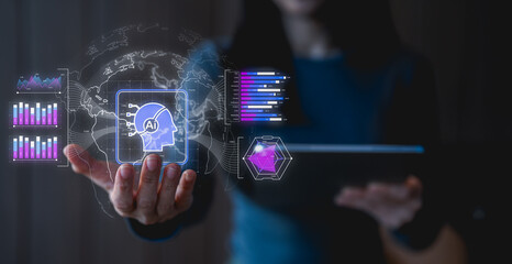 A person interacts with a futuristic digital interface featuring AI, data charts, and a global network map in a dark, tech-driven environment.