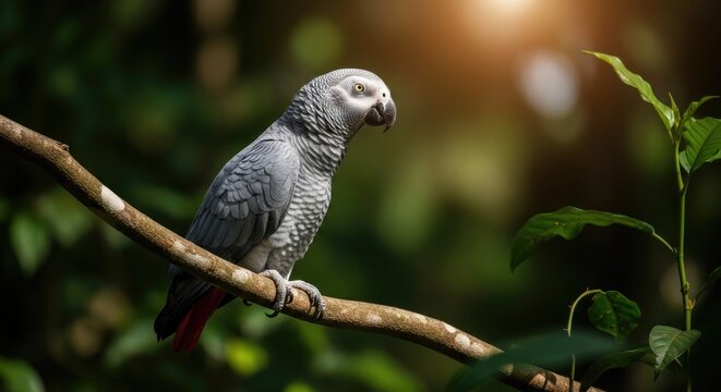 1 A Grey Parrot Perched on a Sunlit Branch in a Central African Rainforest