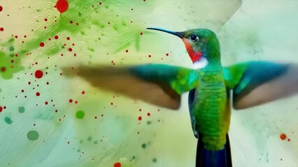 Video with flying hummingbird among flowers and splashes of water, creates a feeling of lightness and freedom, suitable for advertising related to nature and beauty, as well as for inspirational prese