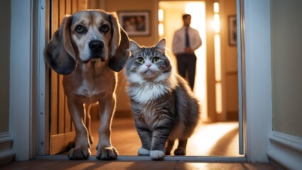 Companions at the Threshold: A heartwarming scene unfolds as a loyal beagle and a regal cat stand side-by-side at a doorway, exuding an aura of comfort and camaraderie.