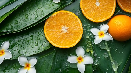 The palm tree leaves frangipanis and oranges and water