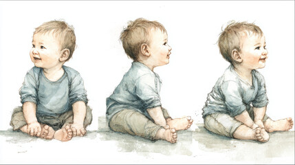 Adorable infant boy featured in developmental stage series illustration