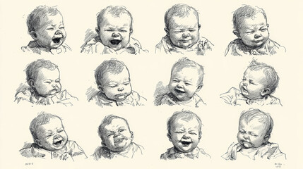 Assorted moods of infants illustrated in a cheerful, childlike style