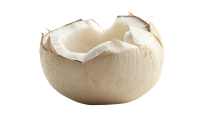 Young coconut with trimmed white husk and flat top, refreshing tropical drink source, Transparent background, PNG file