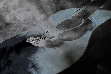 close up of a blue guitar with white smoke 
