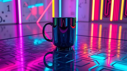 Glossy mug, on a futuristic metallic surface, neon lighting, suitable for tech or gaming themes, modern look