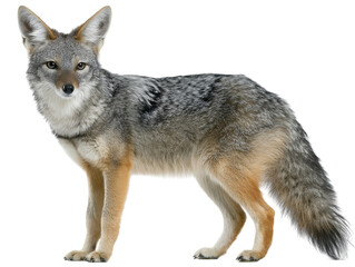 Fototapeta premium A full-body shot of a vigilant coyote, its sharp features and piercing gaze on full display