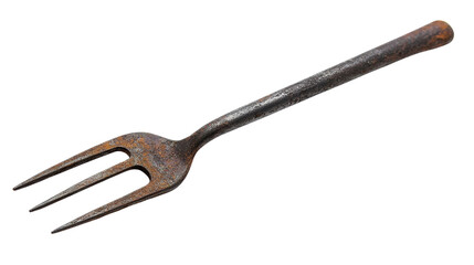Small garden fork with three metal prongs Transparent background, PNG file
