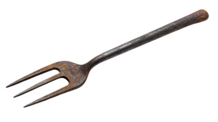 Small garden fork with three metal prongs Transparent background, PNG file