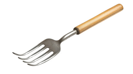 Small garden fork with three metal prongs Transparent background, PNG file