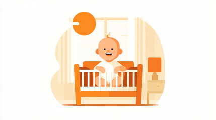 Baby happily seated in a crib, captured in a flat illustration style
