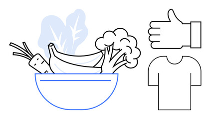 Bowl with banana, broccoli, carrot, and greens. Thumbs-up and shirt symbols represent health, diet, nutrition, and well-being. Ideal for health blogs diet tips eco-lifestyle fitness simple