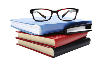 Stack of textbooks with reading glasses on top, Transparent background, PNG file