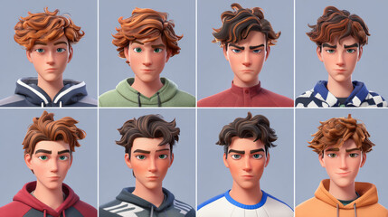 Boys' character creation pack with various facial expressions, hairstyles, and poses