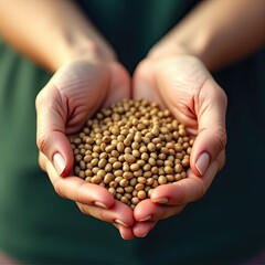 Cupped Hands Holding Abundant Raw Soybeans for Sustainable Harvest