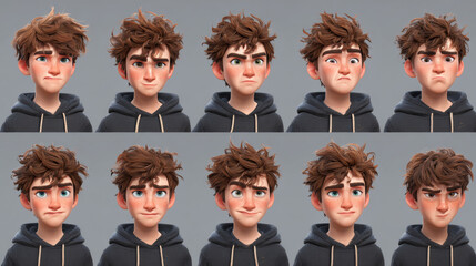 Boys' character creation pack with various facial expressions, hairstyles, and poses