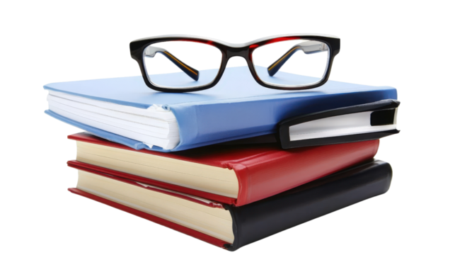 Stack of textbooks with reading glasses on top, Transparent background, PNG file