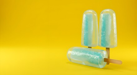 Ice pops, Popsicles, Ice lolly, Three Teal Ice Pops on Yellow Background