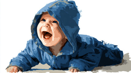 Delightful vector of a laughing, crawling baby wearing a blue onesie