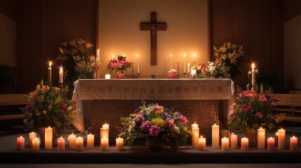 A Christian church altar decorated with candles, flowers, and a cross, creating a serene worship space.