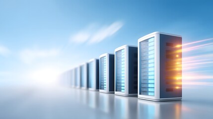 A row of futuristic data servers with glowing lights, symbolizing fast data processing and cloud storage in a sleek, modern digital environment.