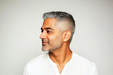 Obraz premium Fashionable men's disconnected undercut haircut - midlife indian man with short hair. Creative of style for aging men. A trendy and poised male showing charm. Pure white solid background.