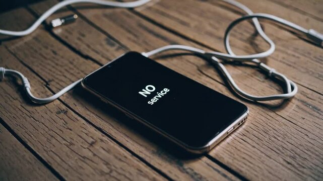 Phone with no service displaying on a wooden table in a quiet, dimly lit room