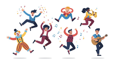 Group of diverse people jumping and celebrating, including a clown, musician, and saxophone player. Confetti and music notes float around.