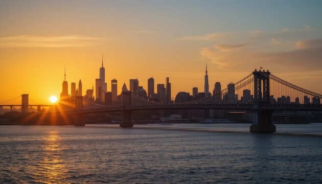 Fototapeta Manhattan skyline at sunrise, silhouetted against a vibrant orange sky, with the Brooklyn Bridge prominently featured.