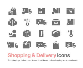オンラインショッピングと運送のアイコンセット。配達員,運送会社,温度計,輸送サービス,ダンボール箱,トラック等のシンプルなイラスト